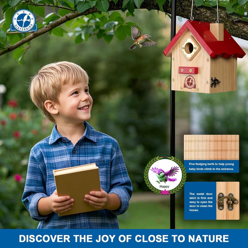 SISTERBIRD Wren Bird House, Premium Wooden Bird Houses for Outside, Classic Cabin Design Birdhouses for Outdoors, Hanging Bird House, Red-Breasted Nuthatch Wren Chickadee - Image 4